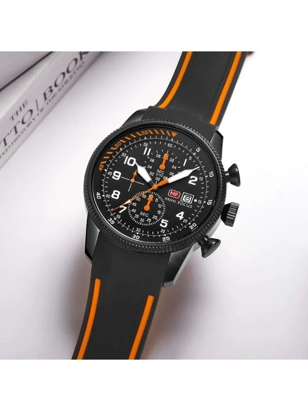 Mens Black And Orange Analog Waterproof Chronograph Classic Stylish Casual Watch